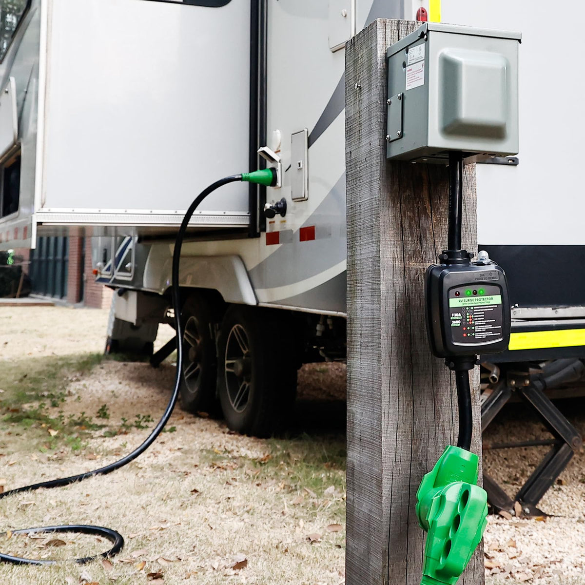 RVGUARD LED indicator lit demonstrating power presence and surge protection