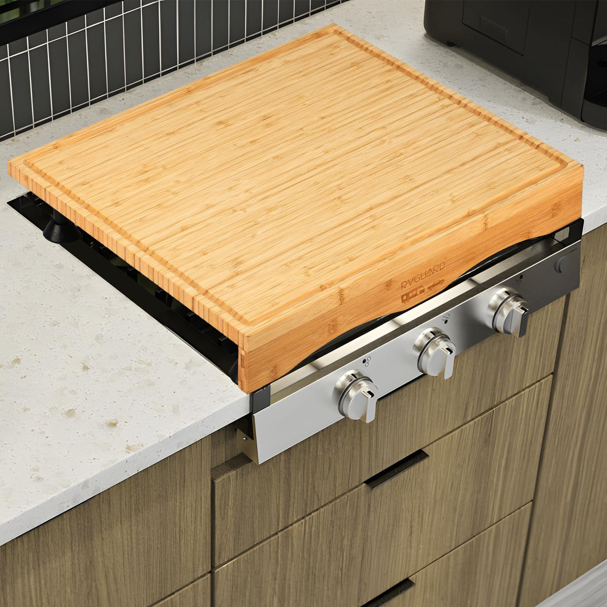 RVGUARD on RV kitchen island staged with condiments, enhancing serving and organization