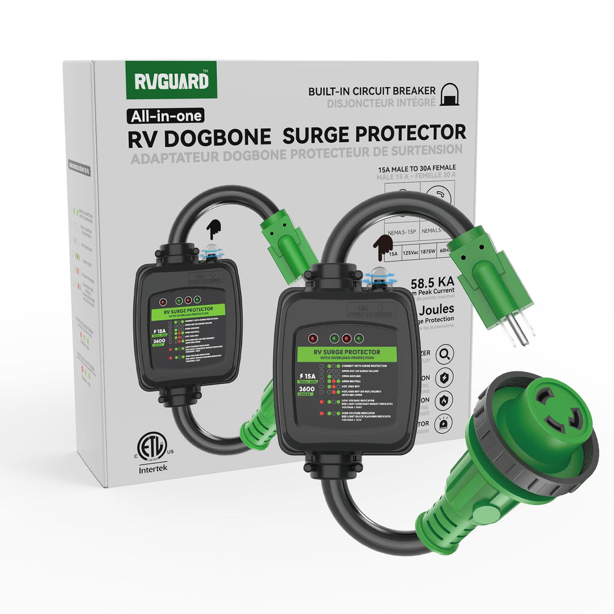 RVGUARD adapter connected to an RV in a storage yard demonstrating practical use