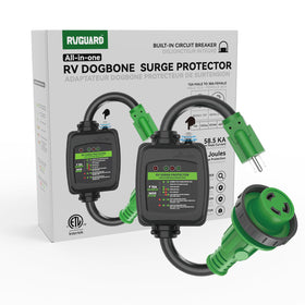 RVGUARD adapter connected to an RV in a storage yard demonstrating practical use