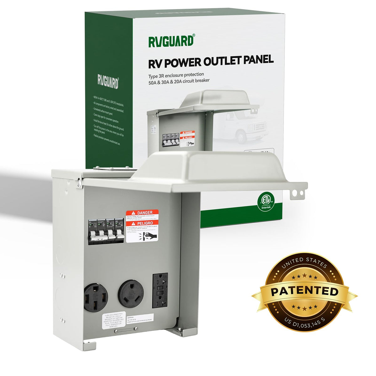 RVGUARD next to RV power cord to show scale and easy plug access at the site