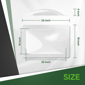 RVGUARD skylight next to tape measure showing 18x26 size for easy fit verification