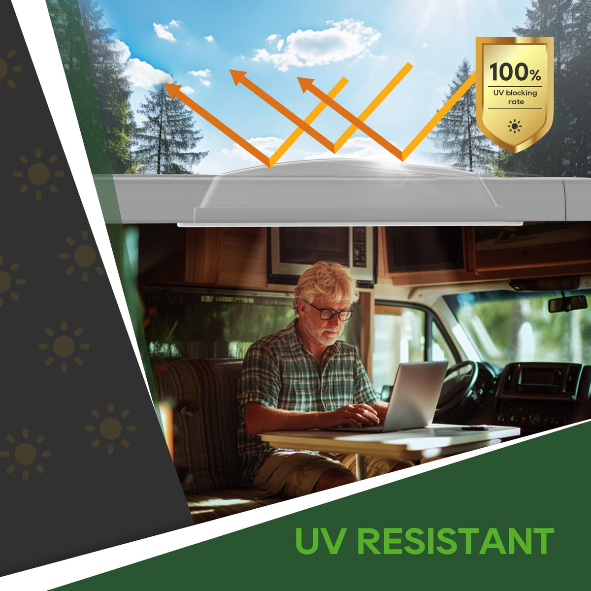 RVGUARD skylight installed inside camper ceiling, brightens interior and protects UV
