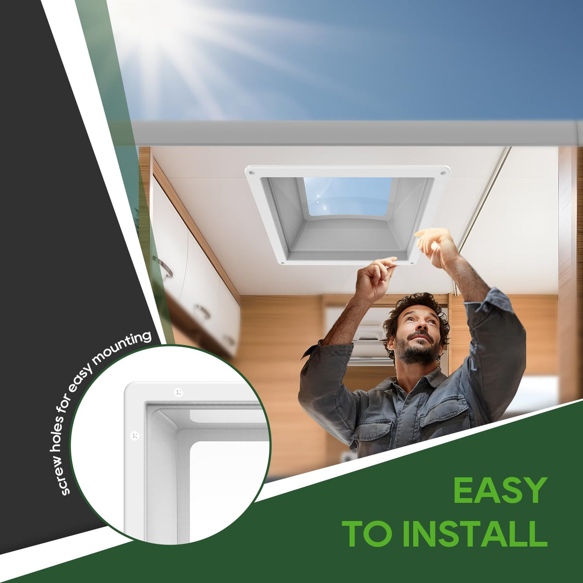 RVGUARD skylight next to tape measure showing 14x22 size for correct fit