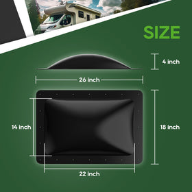 RVGUARD skylight next to measuring tape showing 18x26 inch fit for standard openings