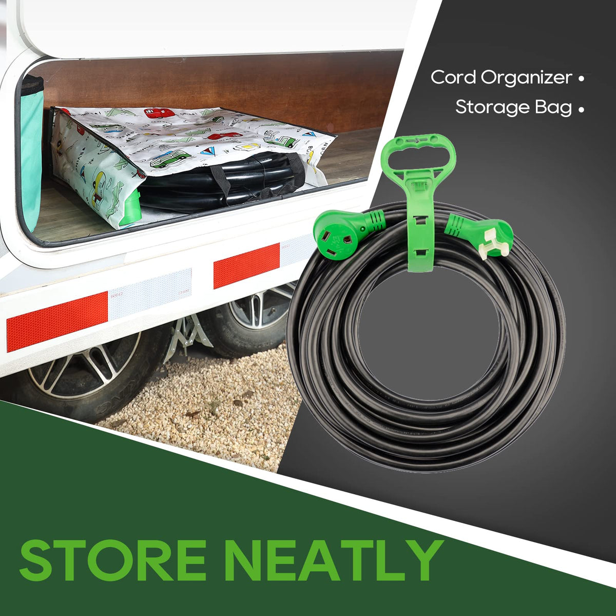 RVGUARD storage bag and plastic strap keeping the 50ft extension cord organized for travel