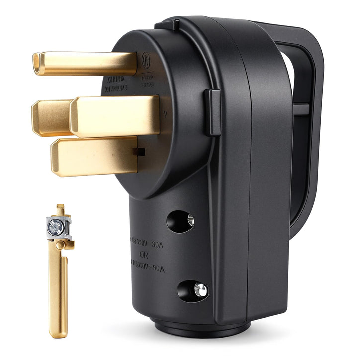 Rvhouse front view of NEMA 14-50P plug showing durable housing and secure fit