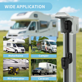 Rvhouse plug connected to campsite pedestal illustrating safe shore power use