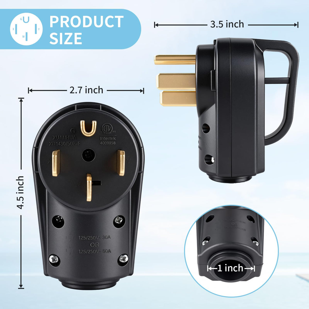 Rvhouse plug next to ruler showing compact size for tight RV storage spaces