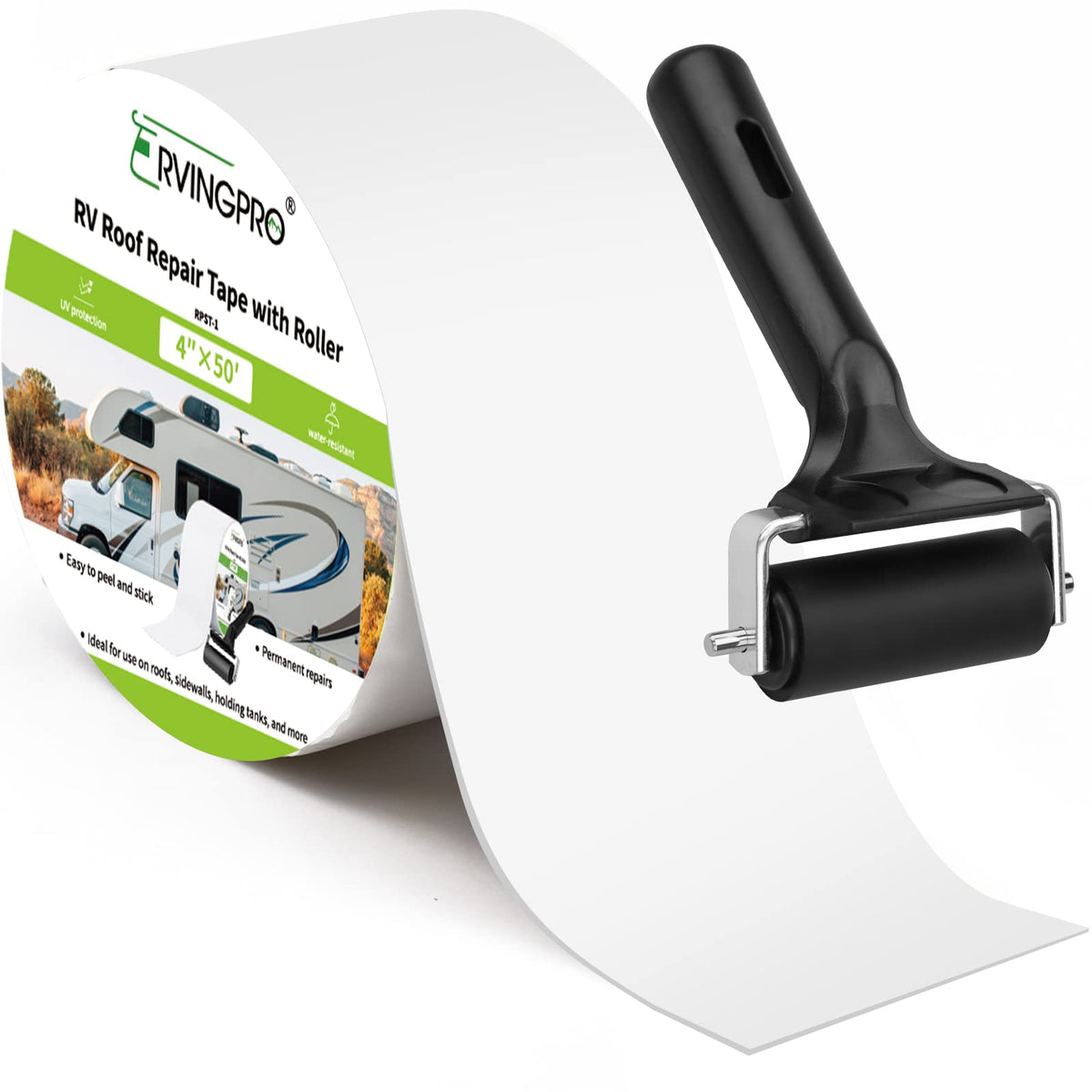 RVINGPRO front packaging of white roof tape showing roll and label for instant repairs