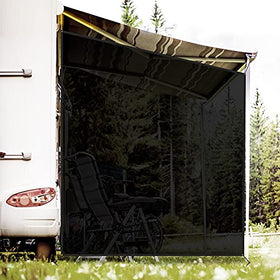 RVINGPRO front view of 9x7 black awning side shade showing coverage benefit