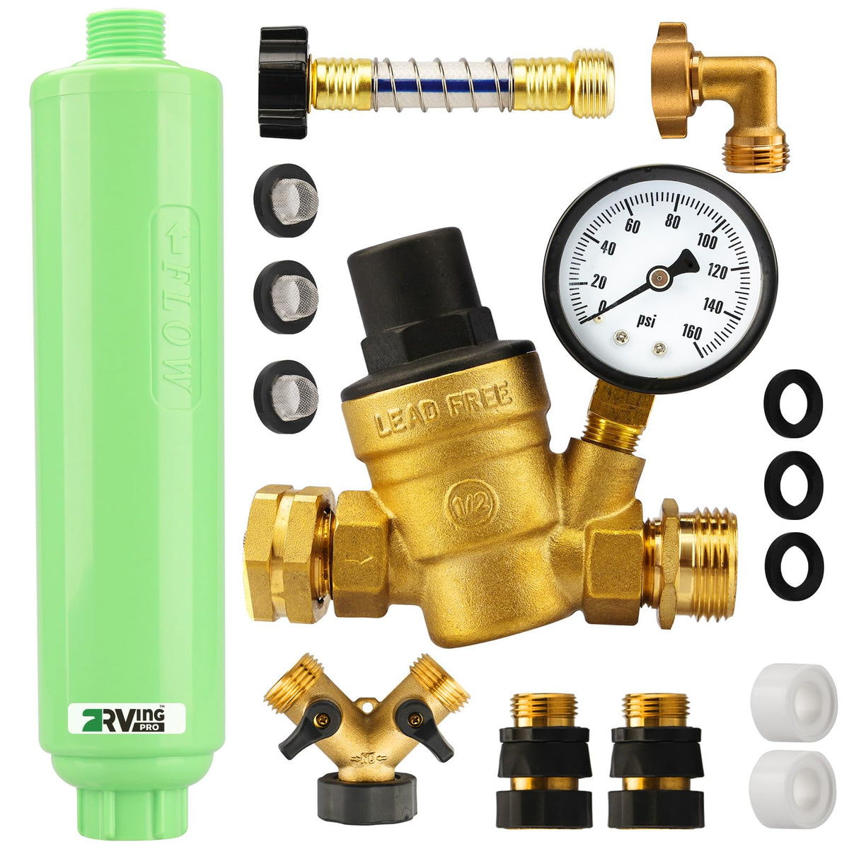 RVINGPRO pressure regulator front view showing durable brass protector