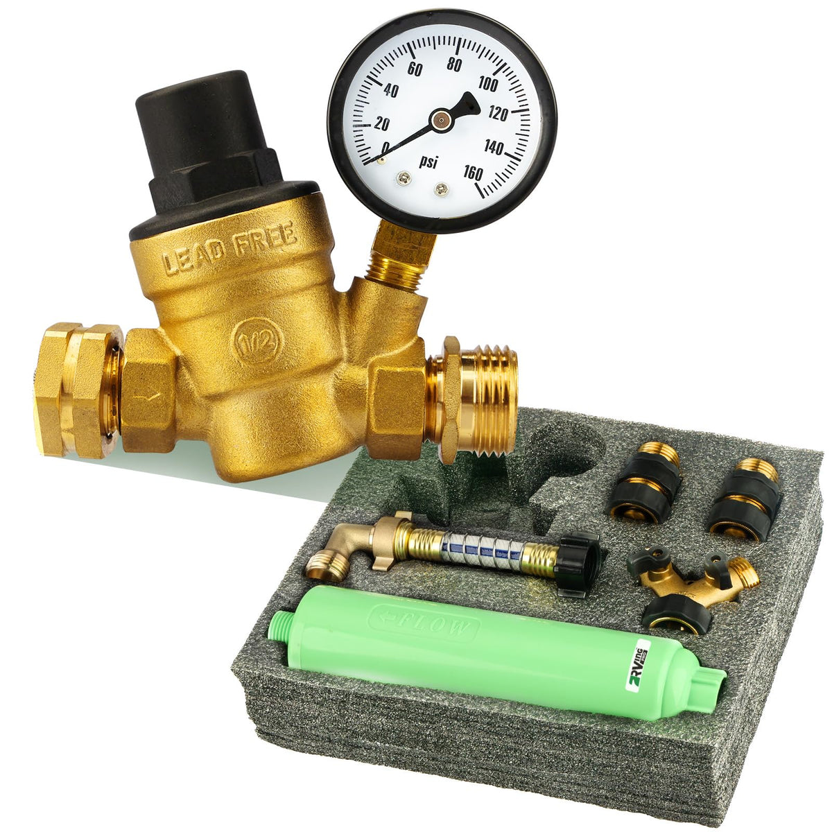 RVINGPRO regulator installed on RV spigot protecting plumbing