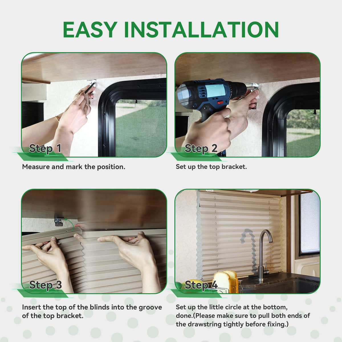 RVINGPRO hand raising blind to demonstrate smooth cordless operation and adjustable stop