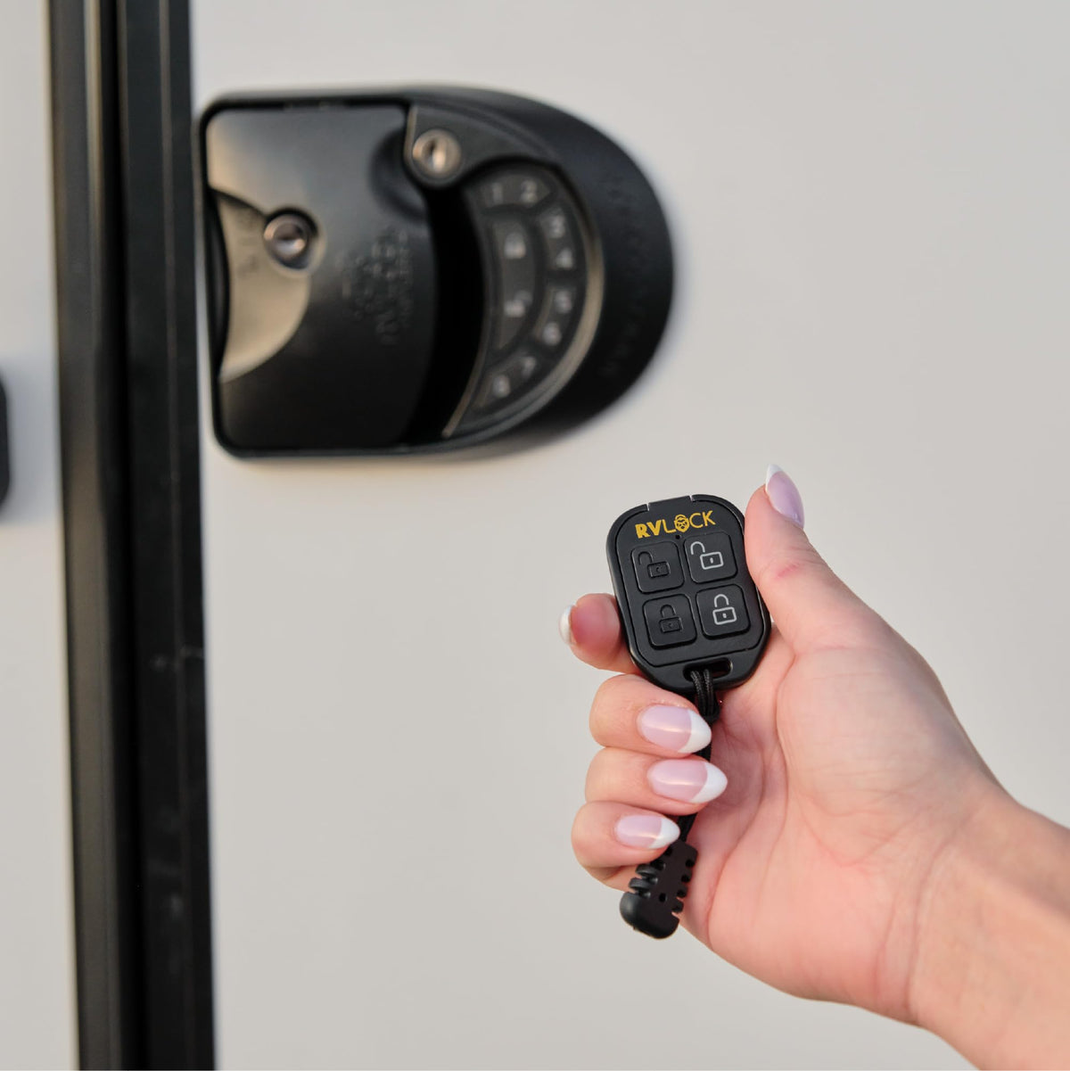 RVLock in hand to show scale and lightweight design for comfortable carry