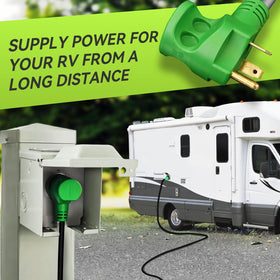 RVMATE closeup of the 90-degree lockable plug showing secure fit and weather resistance