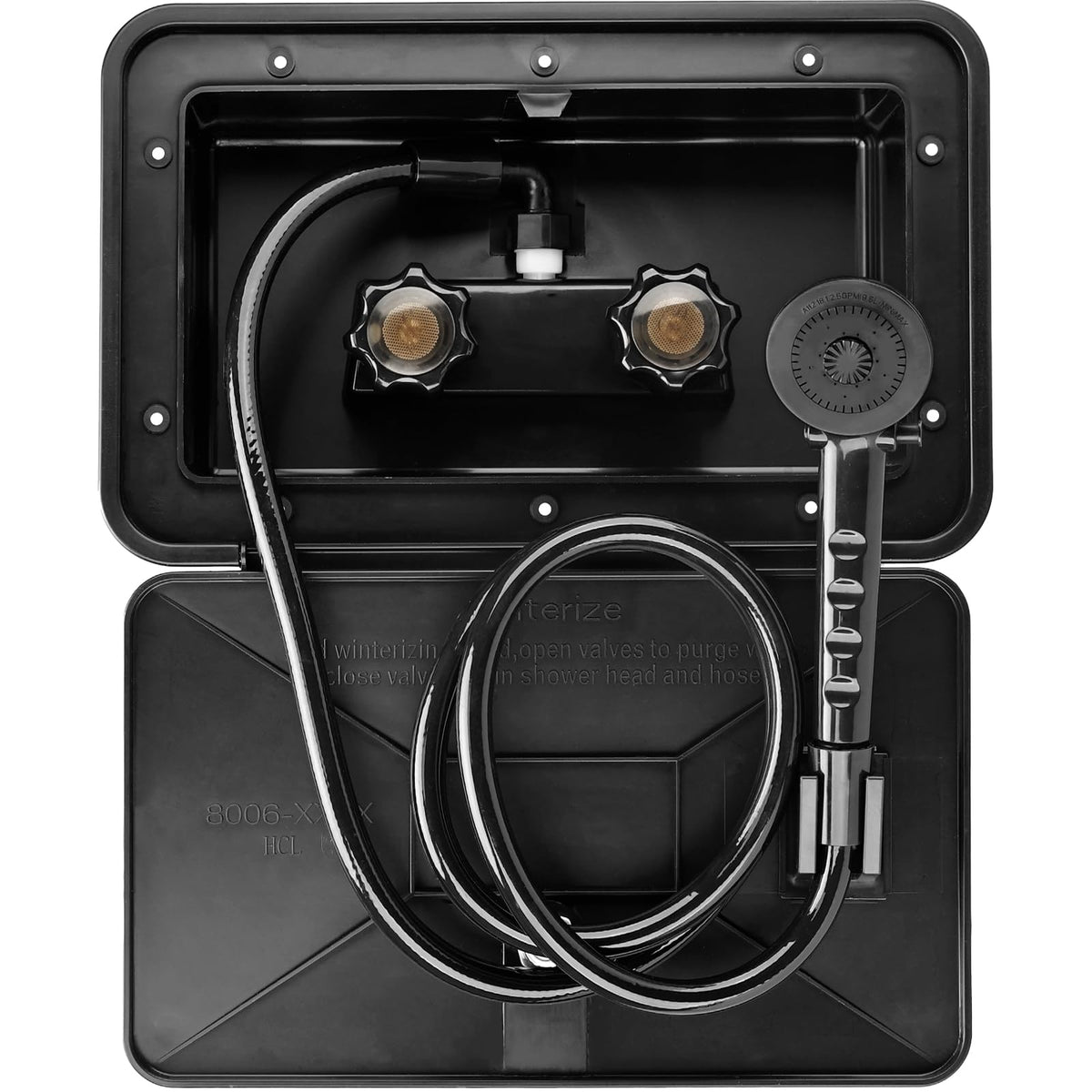 RVMATE front view of black exterior shower box showing secure locking feature