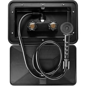 RVMATE front view of black exterior shower box showing secure locking feature
