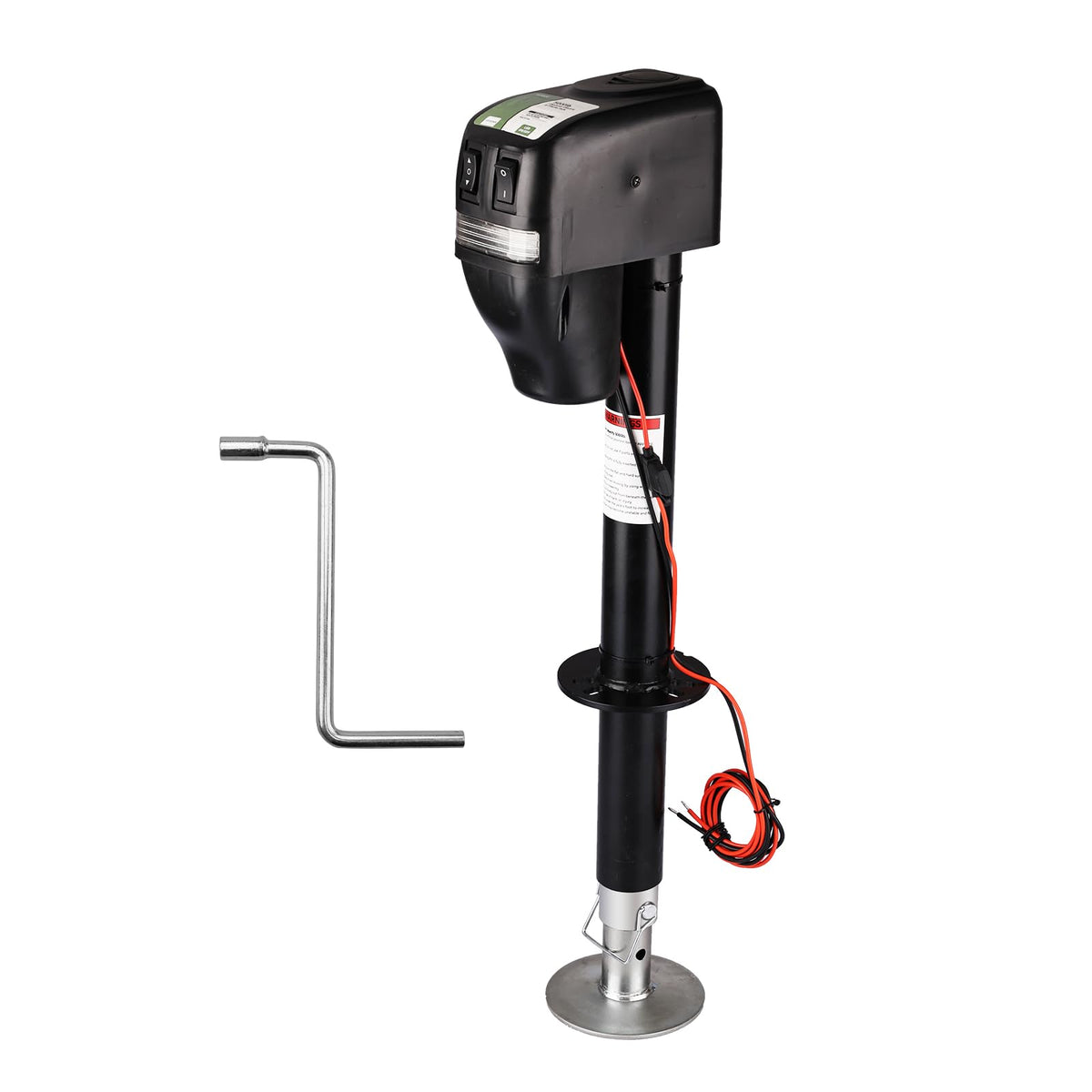 RVMATE front-mounted A-frame jack showing sturdy construction and quick hookup benefit