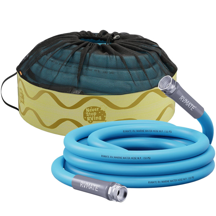 RVMATE front view of 15ft hose showing compact travel-ready benefit
