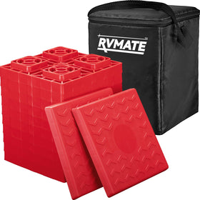 RVMATE front view of red 12-pack level blocks showing compact set and bag benefit