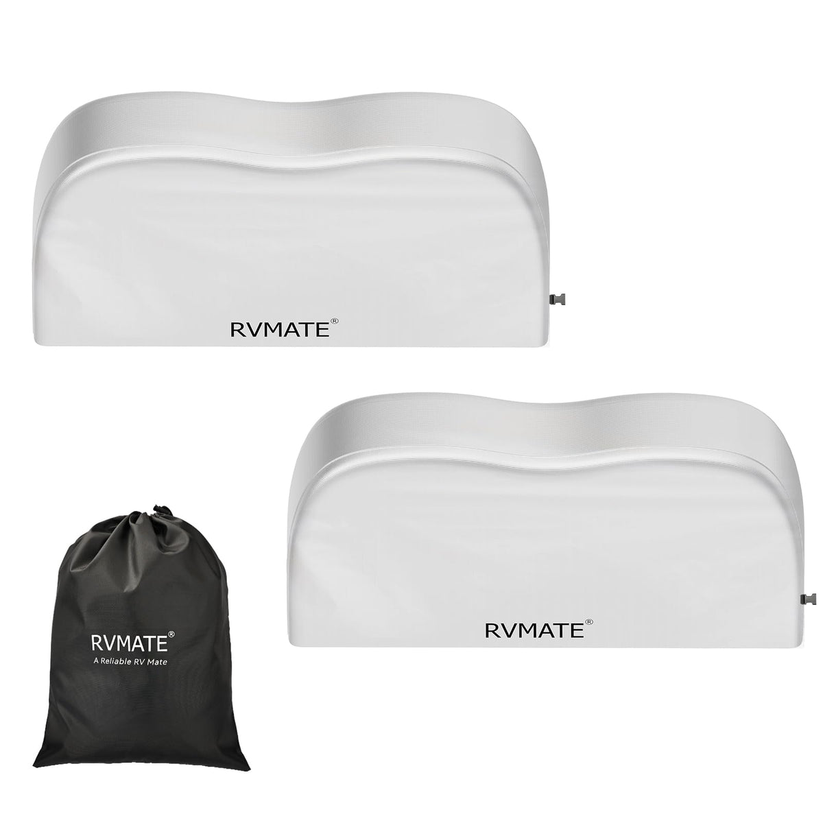 RVMATE front view of packaged dual axle tire covers showing included 2-pack and bag for protection