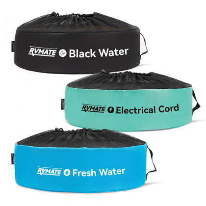 RVMATE three-color hose bags front view showing organized storage and quick identification
