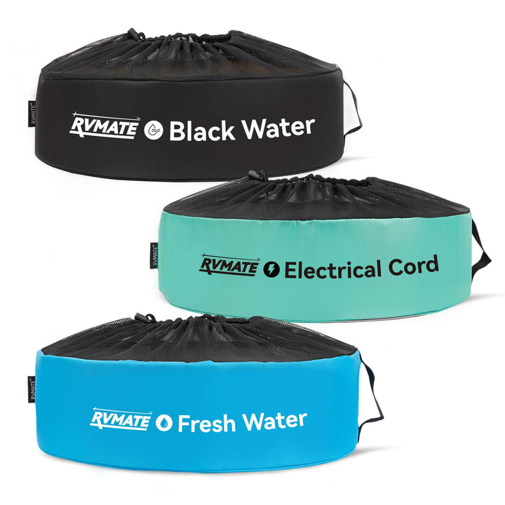 RVMATE three-color hose bags front view showing organized storage and quick identification