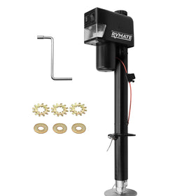 RVMATE front view electric a-frame jack showing compact design and quick hookup benefit