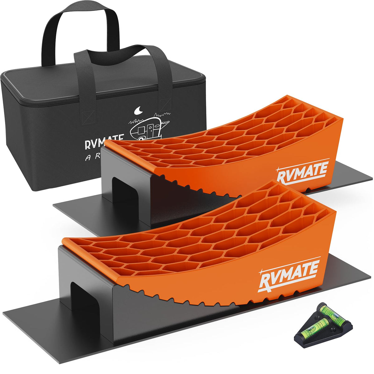 RVMATE front view of full kit showing levelers chocks and bag for organized storage