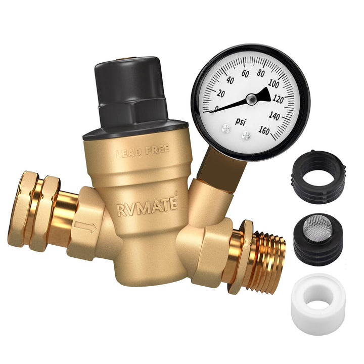 RVMATE front view regulator showing inlet and outlet, durable protection