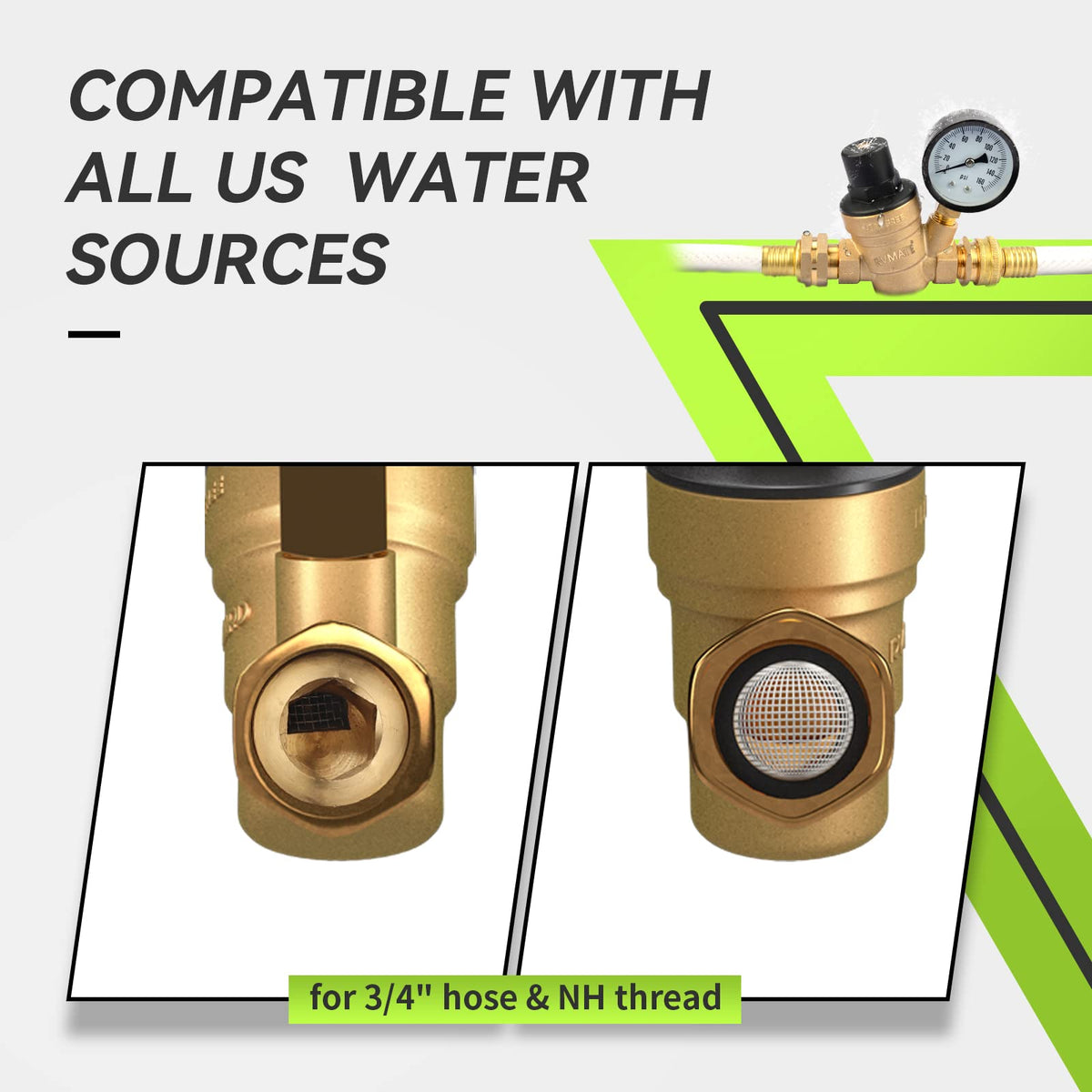 RVMATE connected to campground spigot, protects RV plumbing from high pressure