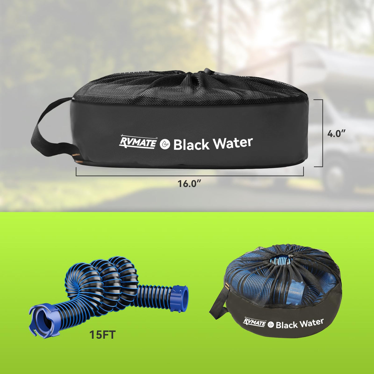 RVMATE black bag holding a sewer hose in use to keep waste lines contained and tidy