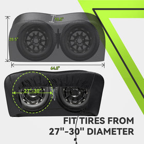 RVMATE cover installed on dual-axle wheel showing secure protection benefit