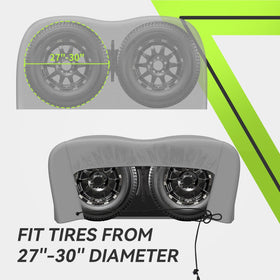 RVMATE covers installed on RV dual-axle wheel protecting tires outdoors