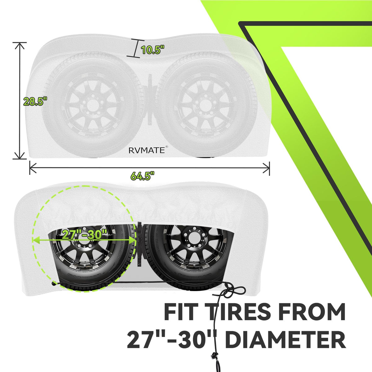 rvmate installed on an RV dual-axle wheel demonstrating weather protection while parked