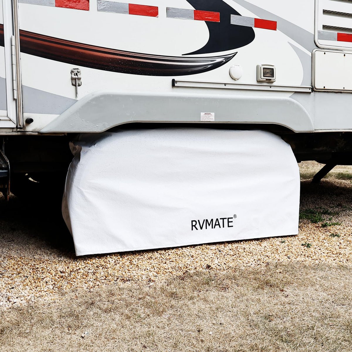 rvmate on campsite showing protected wheels and cleaner appearance during storage
