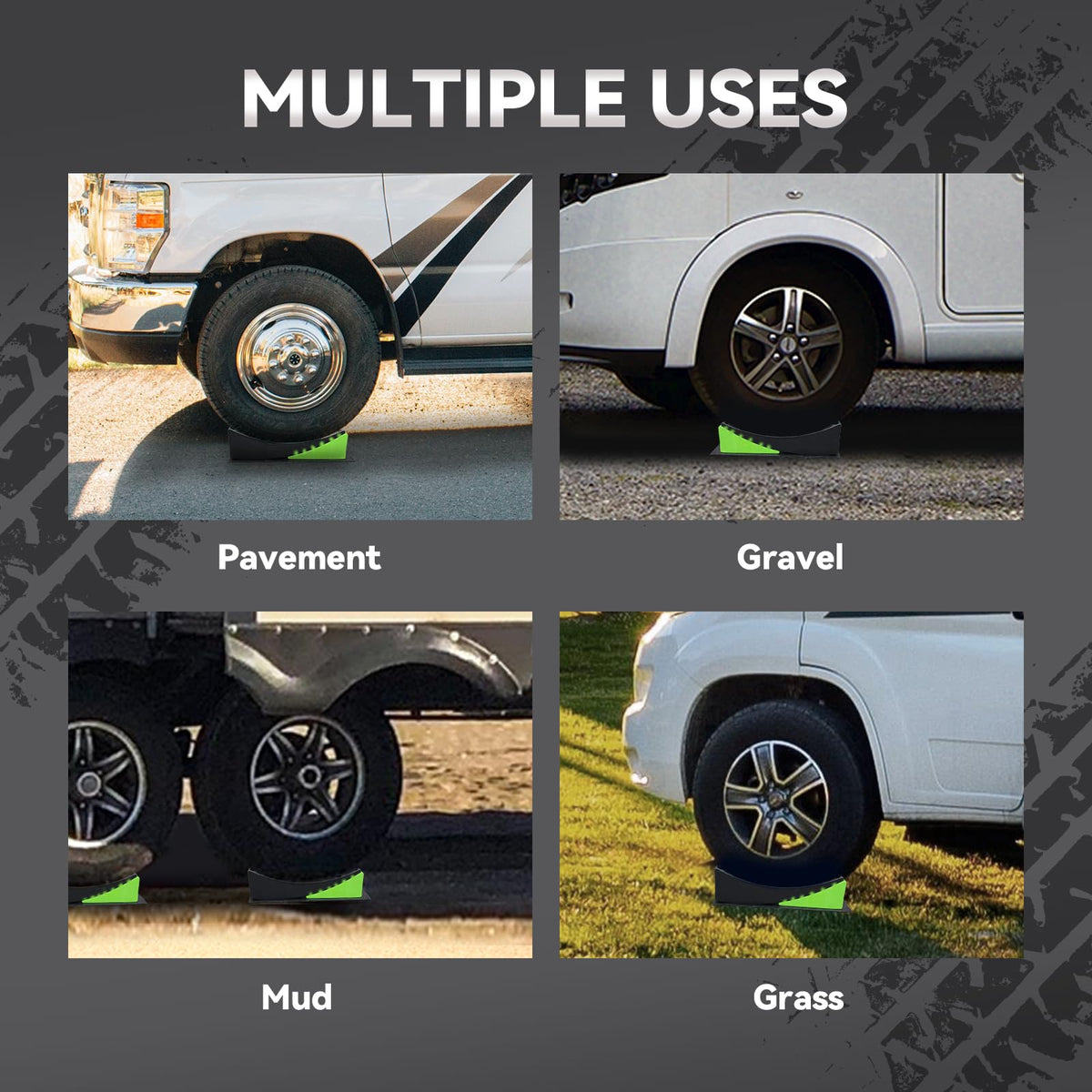 rvmate assembled at campsite under RV wheel demonstrating stable, level parking