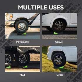 rvmate assembled at campsite under RV wheel demonstrating stable, level parking
