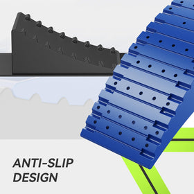 RVMATE kit in use under camper tire demonstrating stable, leveled setup
