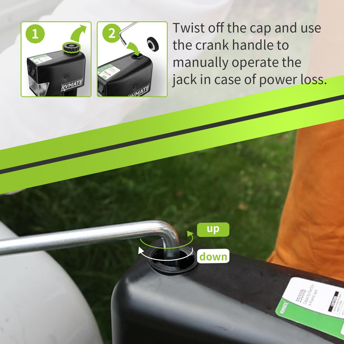 RVMATE removable footplate and drop leg detail for stable ground contact benefit