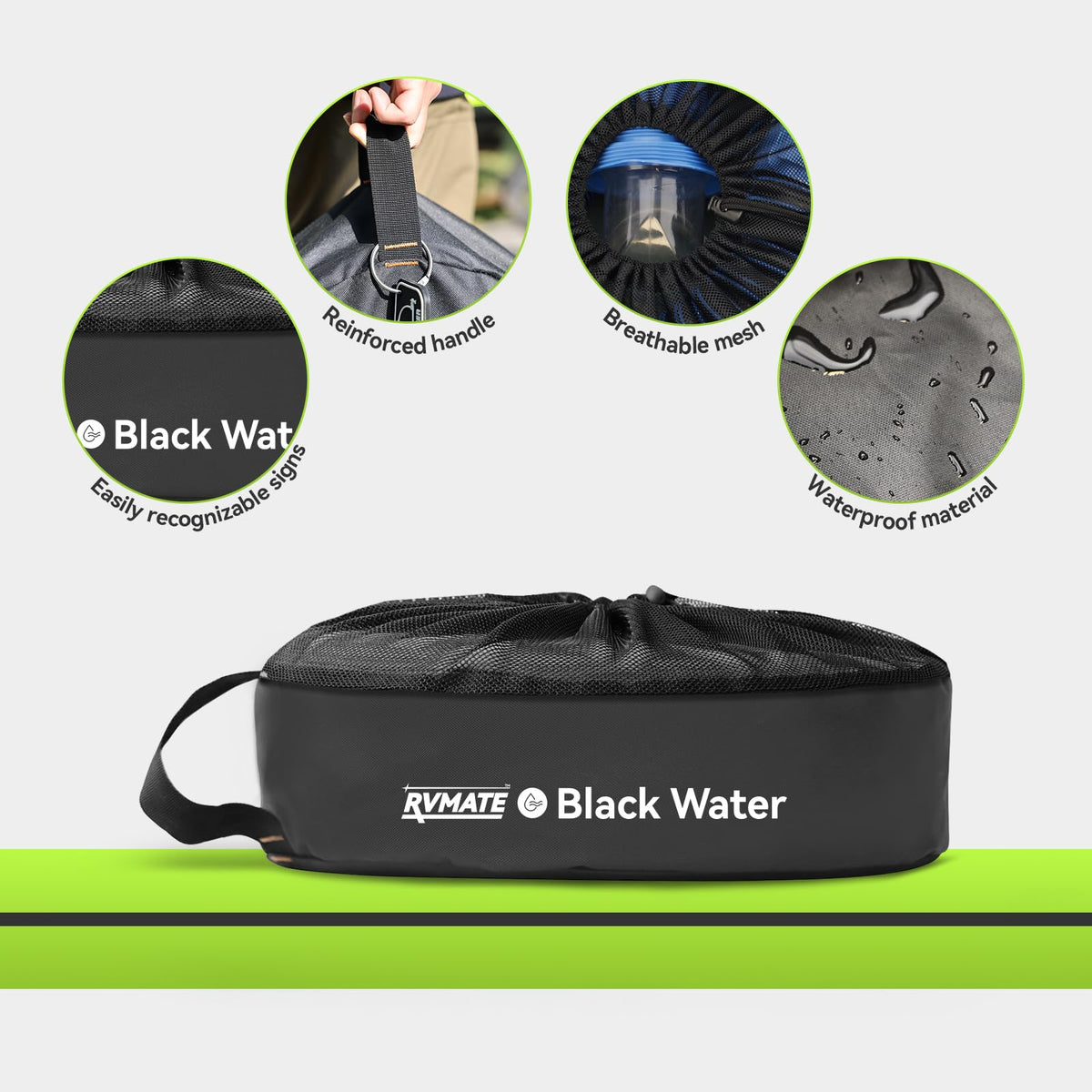 RVMATE bag beside a coiled 50ft hose demonstrating fit and size comparison for packing