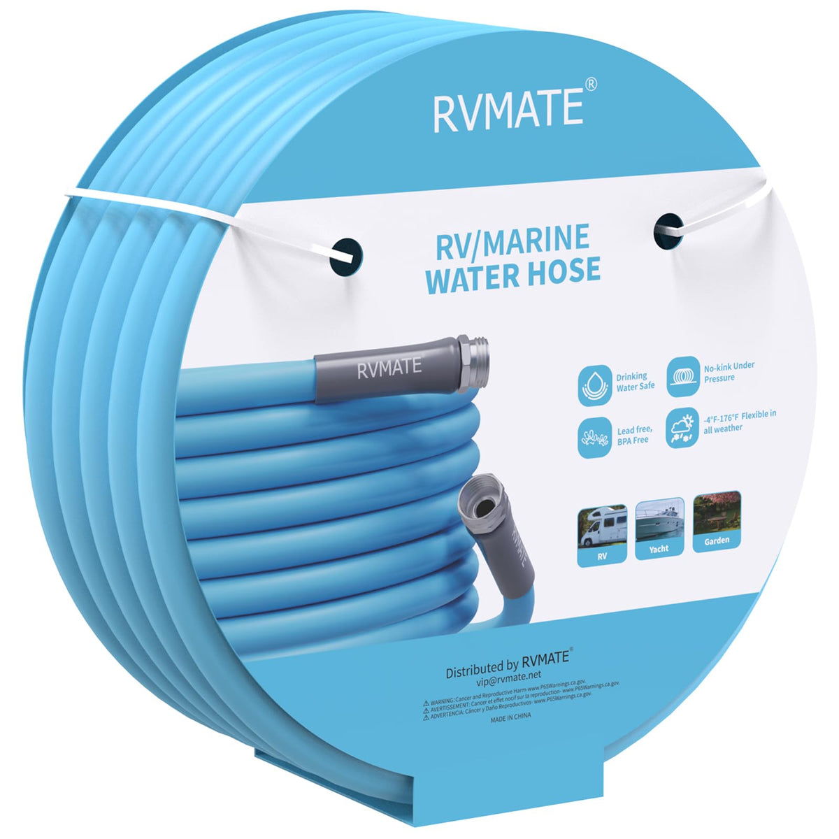 RVMATE hose beside hands for scale showing portable 15ft convenience