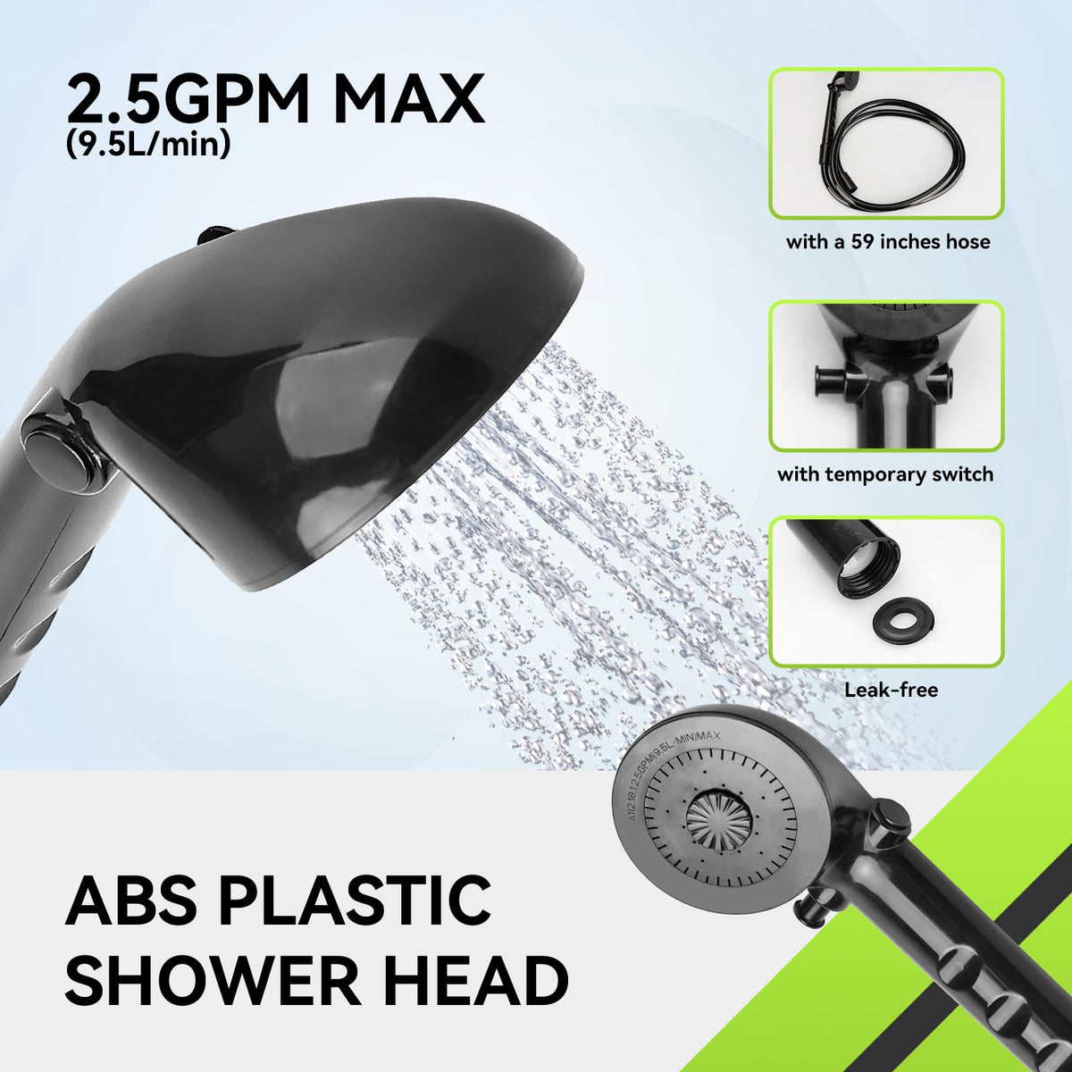 RVMATE close-up of handheld shower head and 59-inch hose showing ergonomic control