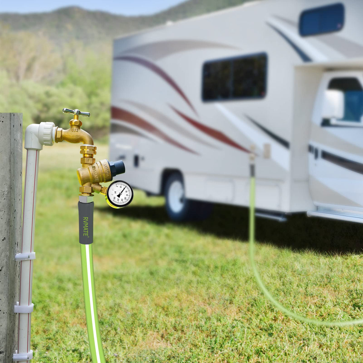 RVMATE beside standard garden hose for size comparison, easy compatibility