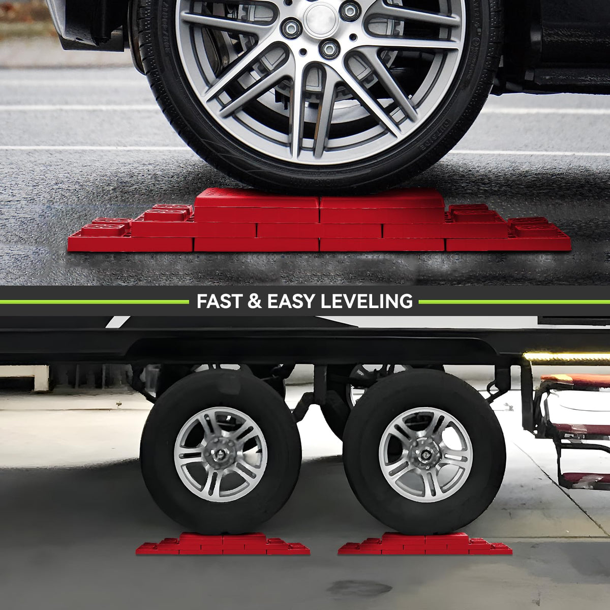 RVMATE stacked blocks showing varying heights for quick, precise leveling