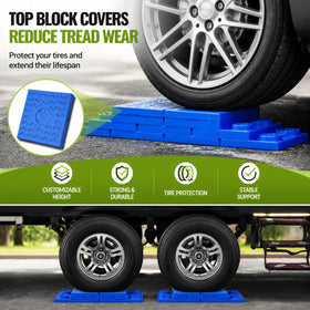 RVMATE block placed under an RV tire in use showing secure, balanced support
