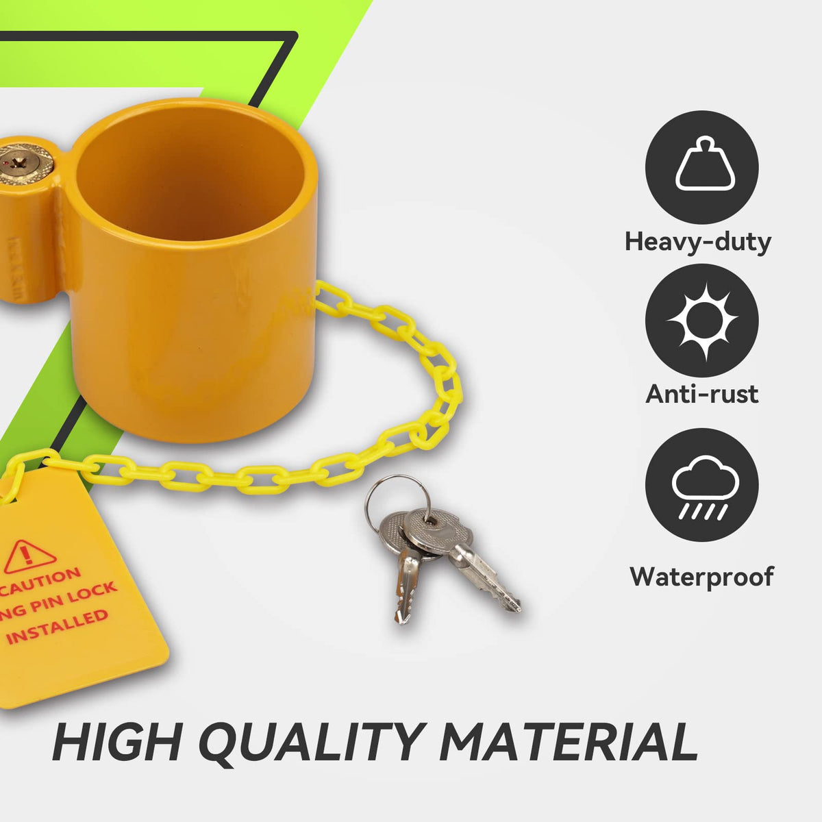 RVMATE yellow warning tag and chain detail providing high-visibility theft deterrent