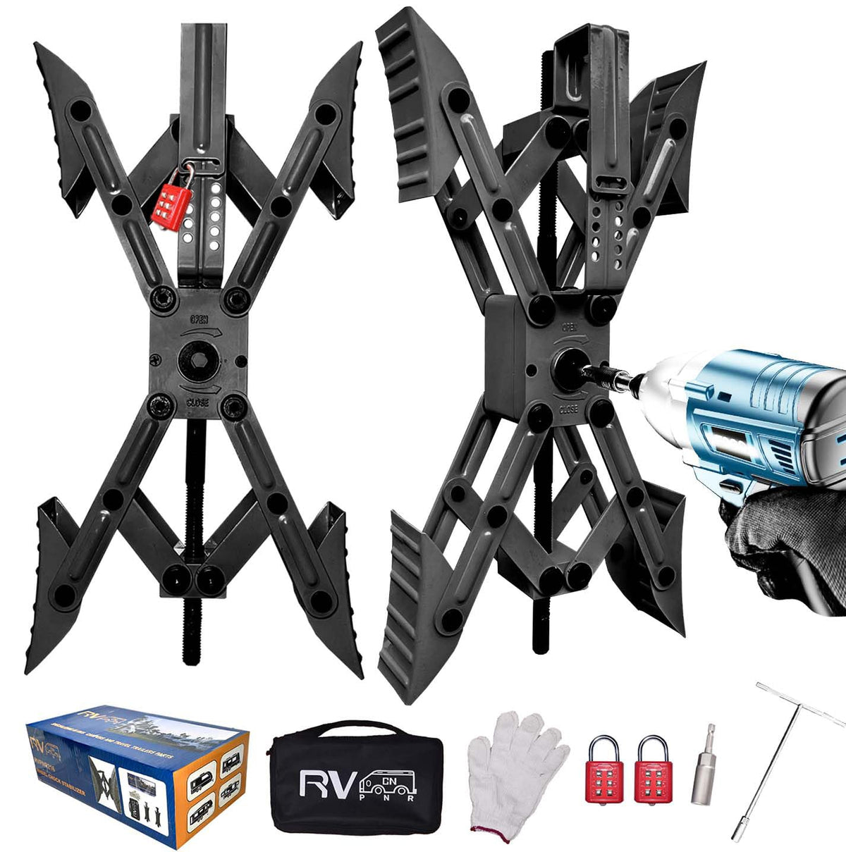 RVPNR front packaging showing both X chock stabilizers and accessories for secure transport