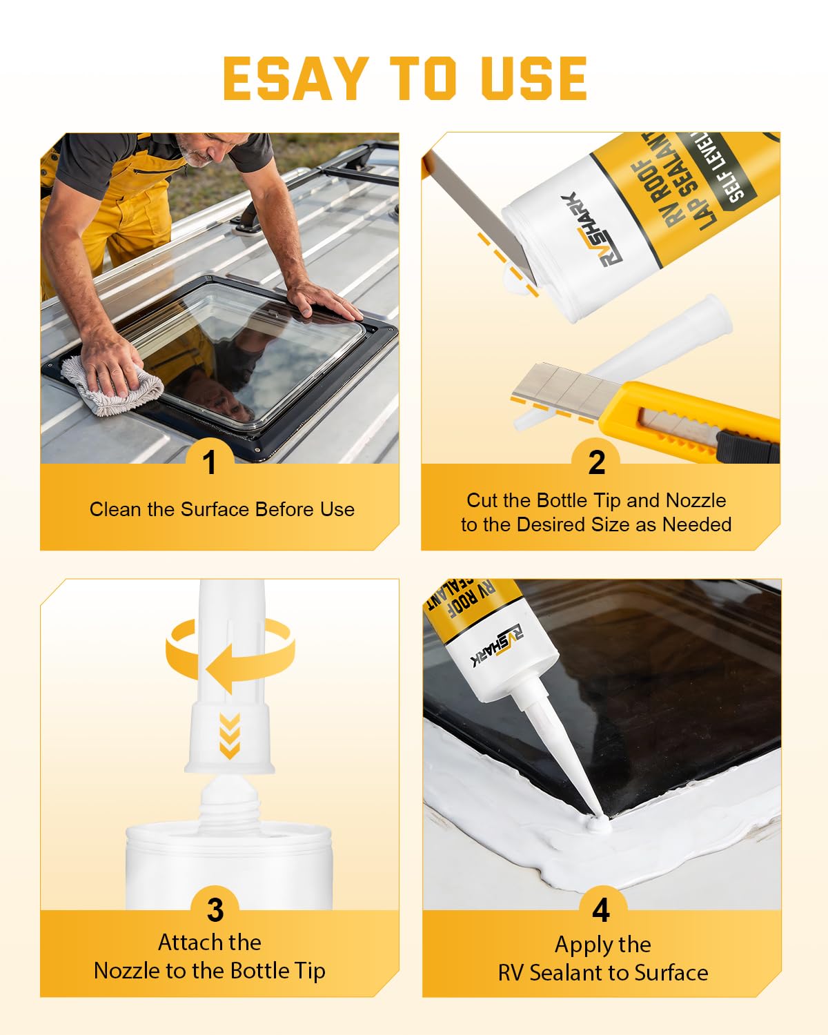 RVshark being applied to an RV roof seam demonstrating quick, clean waterproofing